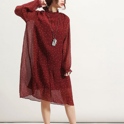 Burgundy Dotted Summer Dress Stand Long Sleeve Bridesmaid Dress Cinched Tulle Dress