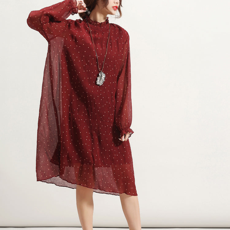 Burgundy Dotted Summer Dress Stand Long Sleeve Bridesmaid Dress Cinched Tulle Dress