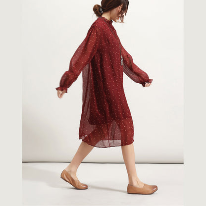 Burgundy Dotted Summer Dress Stand Long Sleeve Bridesmaid Dress Cinched Tulle Dress
