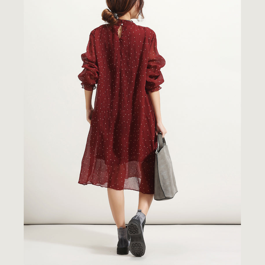 Burgundy Dotted Summer Dress Stand Long Sleeve Bridesmaid Dress Cinched Tulle Dress