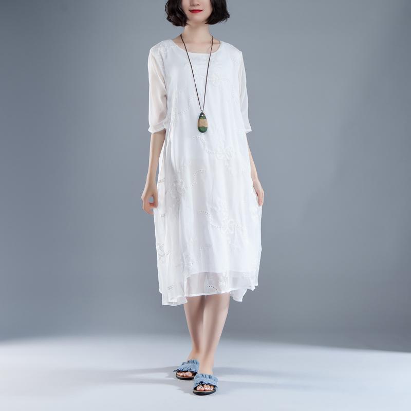 Maxi Dresses Style Flower Summer Fake Two-piece Retro White Dress