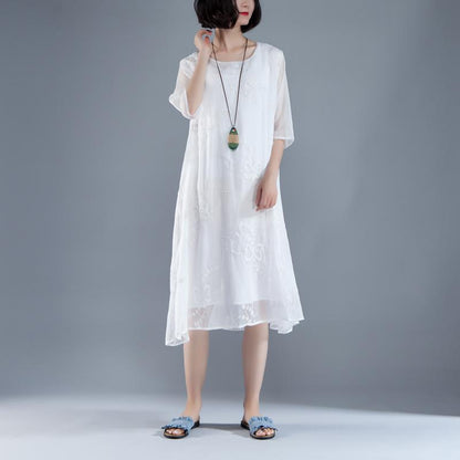 Maxi Dresses Style Flower Summer Fake Two-piece Retro White Dress