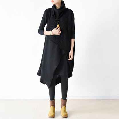 Two Pieces Black Knit Dresses Asymmetrical Winter Dress Asymmetrical Design Winter