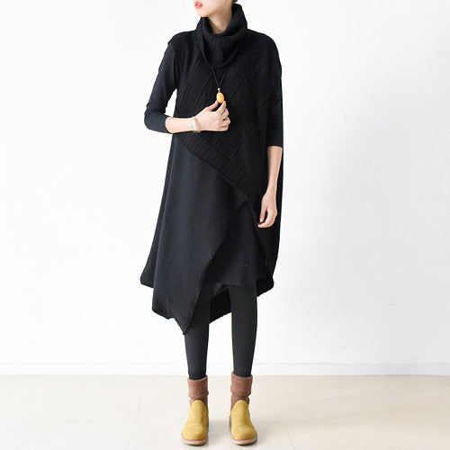 Two Pieces Black Knit Dresses Asymmetrical Winter Dress Asymmetrical Design Winter