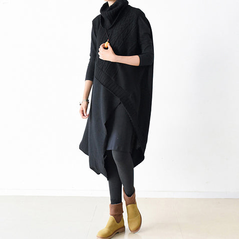 Two Pieces Black Knit Dresses Asymmetrical Winter Dress Asymmetrical Design Winter