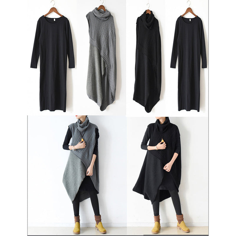 Two Pieces Black Knit Dresses Asymmetrical Winter Dress Asymmetrical Design Winter