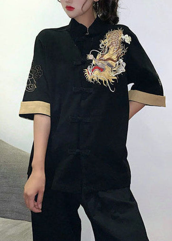 Black Button Stand Collar Embroideried Cotton Tops Half Sleeve
