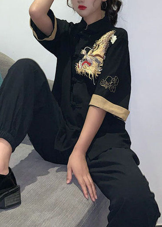 Black Button Stand Collar Embroideried Cotton Tops Half Sleeve