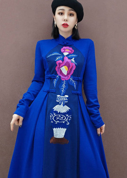 Blue Stand Collar Embroideried Long Dresses Spring