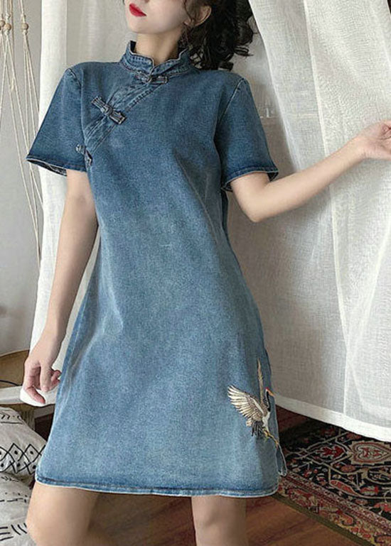 Blue Stand Collar Button Embroideried Denim Dresses Short Sleeve