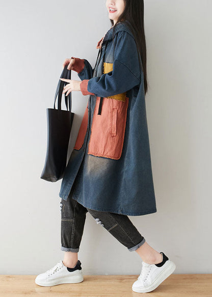 Blue Pockets Patchwork Hooded Coats Spring