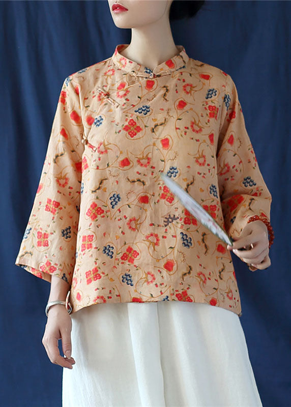 vintage Khaki button print Linen Shirt tops Three Quarter sleeve
