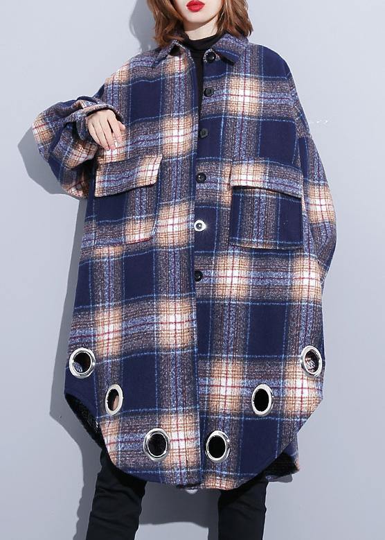 Loose Fitting Winter Coat Blue Purple Plaid Lapel Pockets Wool Overcoat