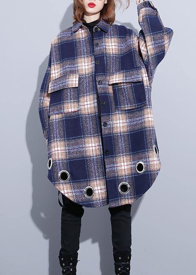 Loose Fitting Winter Coat Blue Purple Plaid Lapel Pockets Wool Overcoat