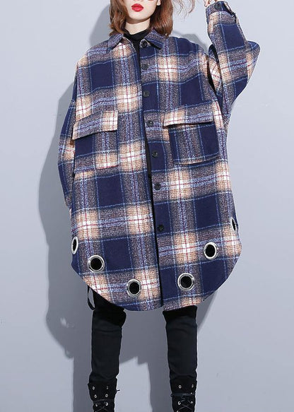 Loose Fitting Winter Coat Blue Purple Plaid Lapel Pockets Wool Overcoat
