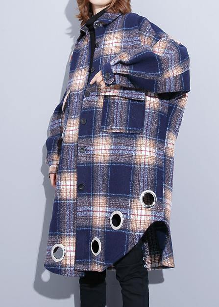 Loose Fitting Winter Coat Blue Purple Plaid Lapel Pockets Wool Overcoat