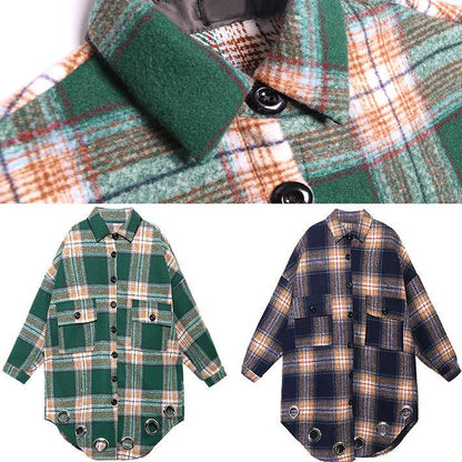Loose Fitting Winter Coat Blue Purple Plaid Lapel Pockets Wool Overcoat