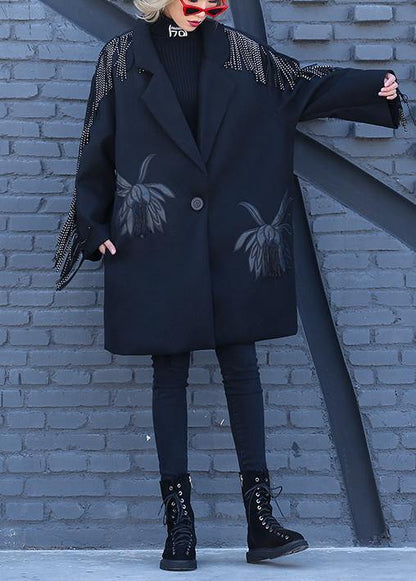 Loose Fitting Winter Woolen Outwear Black Print Notched Woolen Outwear