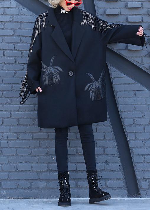 Loose Fitting Winter Woolen Outwear Black Print Notched Woolen Outwear