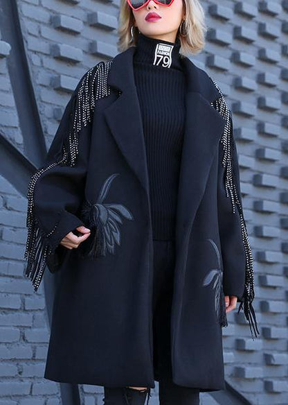 Loose Fitting Winter Woolen Outwear Black Print Notched Woolen Outwear