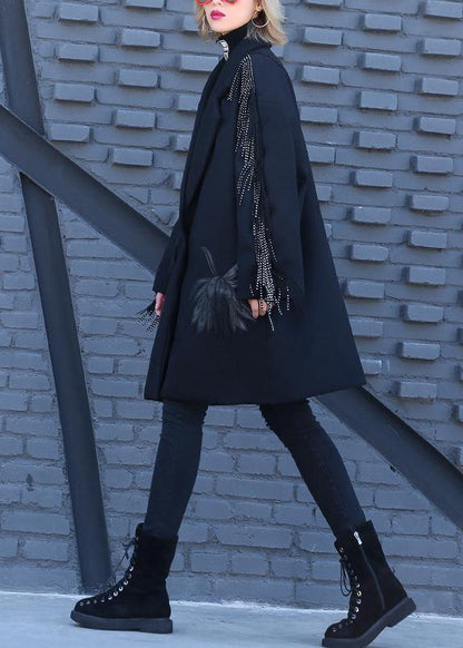 Loose Fitting Winter Woolen Outwear Black Print Notched Woolen Outwear