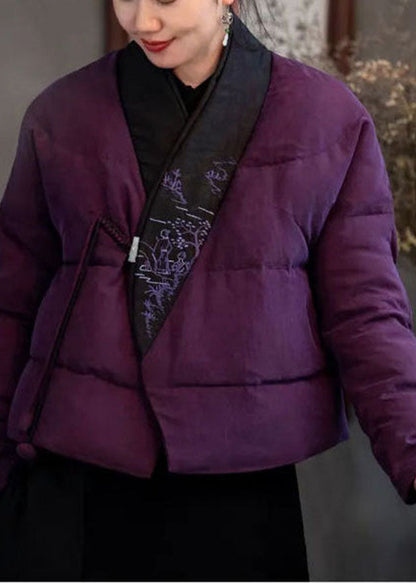Pink Purple Embroideried Patchwork Duck Down Puffers Coats Winter