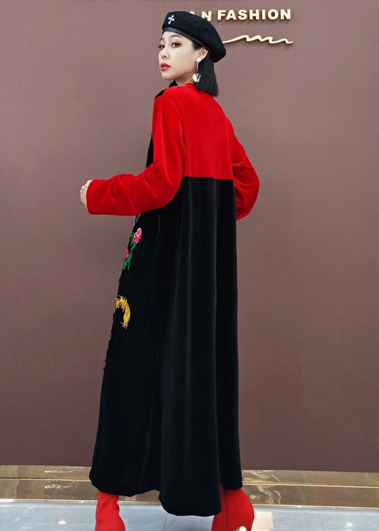 Red Oriental Embroideried Patchwork Velour Long Dresses Spring