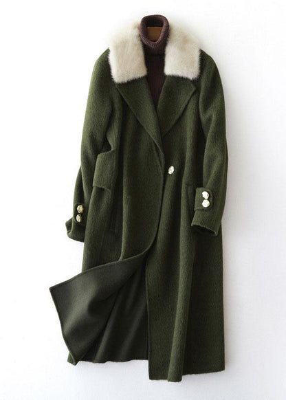 Army Green Woolen Coats Oversized Trench Coat Fur Collar Coats Notched