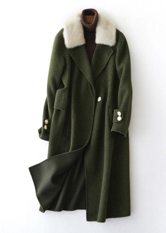 Army Green Woolen Coats Oversized Trench Coat Fur Collar Coats Notched