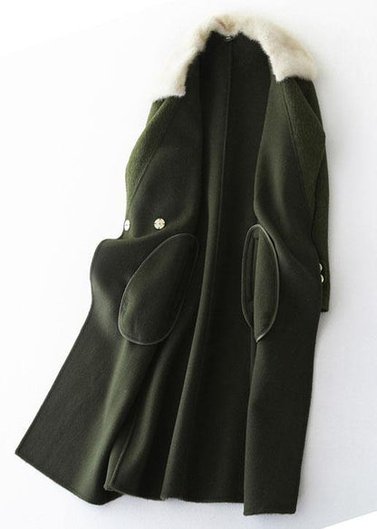 Army Green Woolen Coats Oversized Trench Coat Fur Collar Coats Notched