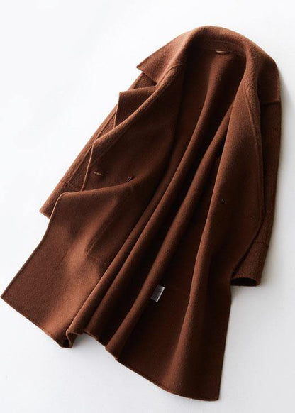 Beige Woolen Coat Medium Length Jackets Big Pockets Woolen Outwear Lapel Collar