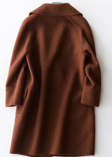 Beige Woolen Coat Medium Length Jackets Big Pockets Woolen Outwear Lapel Collar