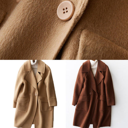 Beige Woolen Coat Medium Length Jackets Big Pockets Woolen Outwear Lapel Collar