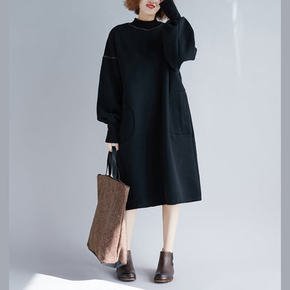 Black Midi Cotton Dresses Oversize Warm Long Sleeve Thick Cotton Clothing Dresses O Neck Holiday Dresses