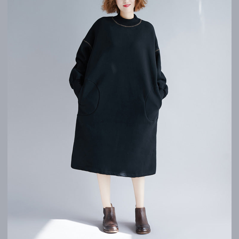 Black Midi Cotton Dresses Oversize Warm Long Sleeve Thick Cotton Clothing Dresses O Neck Holiday Dresses
