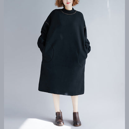 Black Midi Cotton Dresses Oversize Warm Long Sleeve Thick Cotton Clothing Dresses O Neck Holiday Dresses