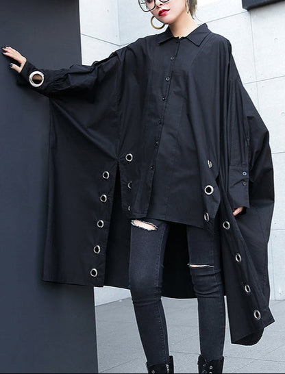 Black Midi Cotton Pullover Traveling Blouse Hollow Outlow High Design Cotton Blouses