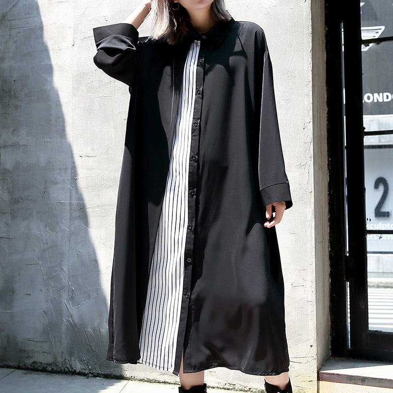 Black Caftans Oversized Turn-down Collar Fall Dresses Patchwork Baggy Dresses
