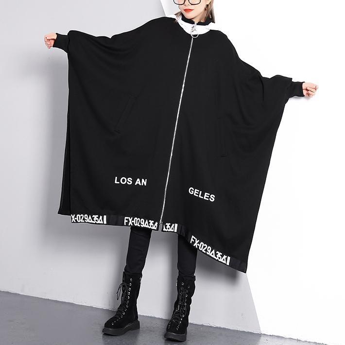 Black Coat Loose Fitting Turn-down Collar Zippered Long Coat Batwing Sleeve Asymmetric Coat