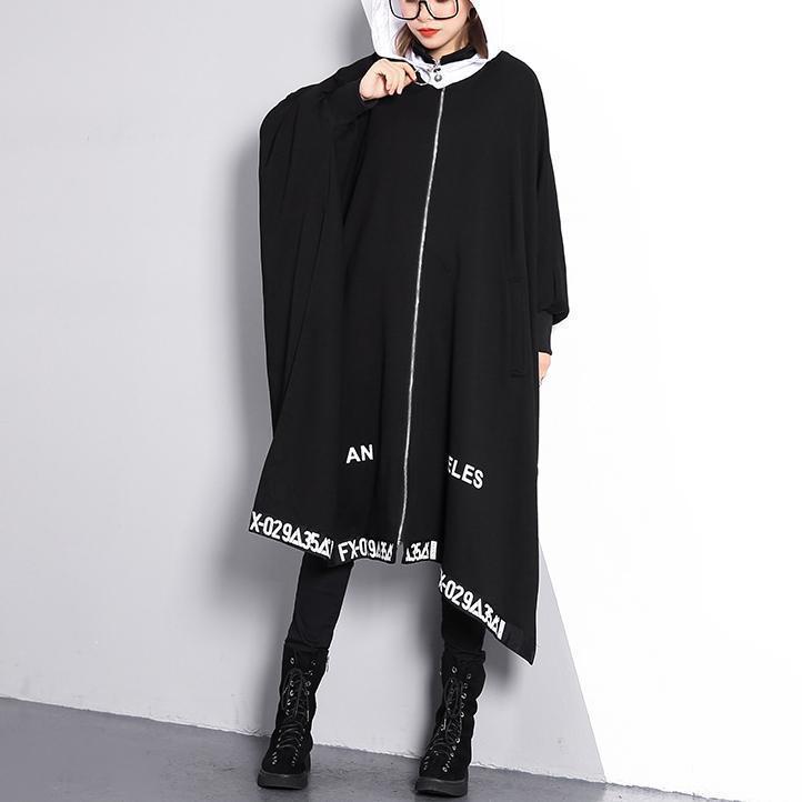 Black Coat Loose Fitting Turn-down Collar Zippered Long Coat Batwing Sleeve Asymmetric Coat