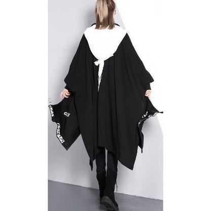 Black Coat Loose Fitting Turn-down Collar Zippered Long Coat Batwing Sleeve Asymmetric Coat