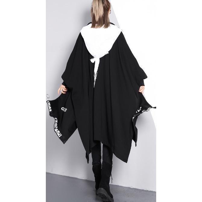 Black Coat Loose Fitting Turn-down Collar Zippered Long Coat Batwing Sleeve Asymmetric Coat