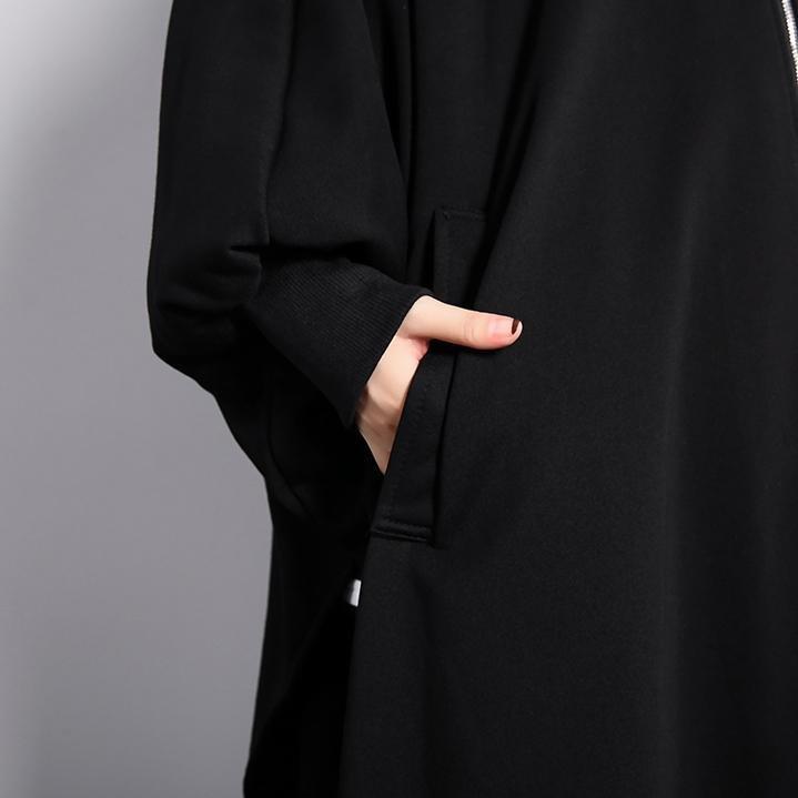 Black Coat Loose Fitting Turn-down Collar Zippered Long Coat Batwing Sleeve Asymmetric Coat