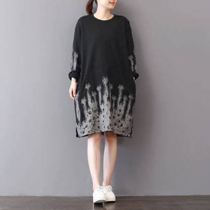 Black Fall Dress Loose Fitting Cotton Cotton Dress Prints Fine Side Open Autumn Dress