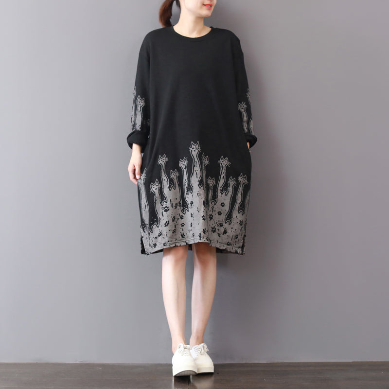 Black Fall Dress Loose Fitting Cotton Cotton Dress Prints Fine Side Open Autumn Dress