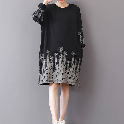 Black Fall Dress Loose Fitting Cotton Cotton Dress Prints Fine Side Open Autumn Dress