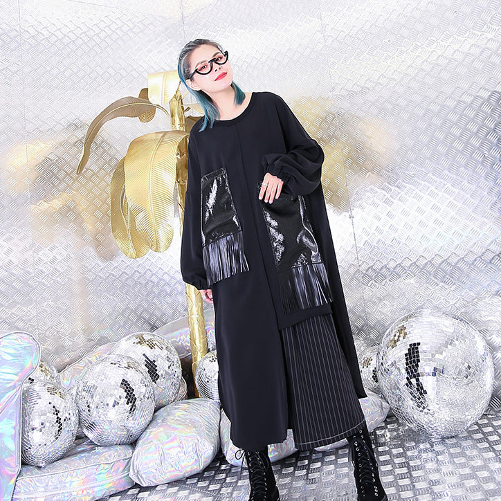 Black Natural Silk Cotton Blended Dress O Neck Baggy Dresses Gown Pockets Tassel Dresses