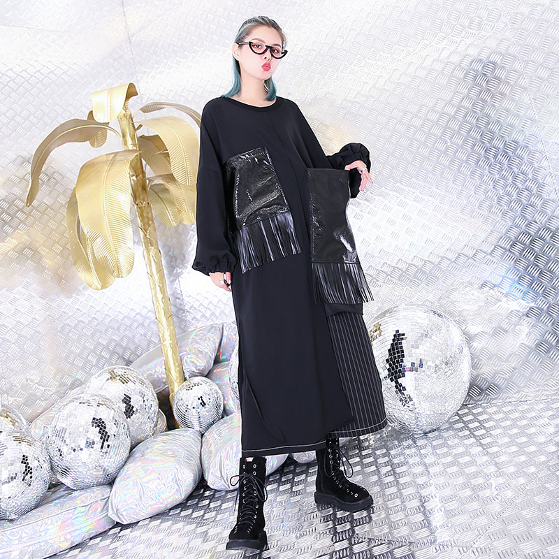 Black Natural Silk Cotton Blended Dress O Neck Baggy Dresses Gown Pockets Tassel Dresses