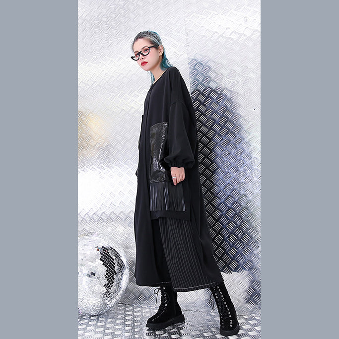 Black Natural Silk Cotton Blended Dress O Neck Baggy Dresses Gown Pockets Tassel Dresses