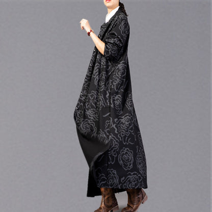 Black Print Winter Coat Stand Collar Coat Pockets Trench Coat